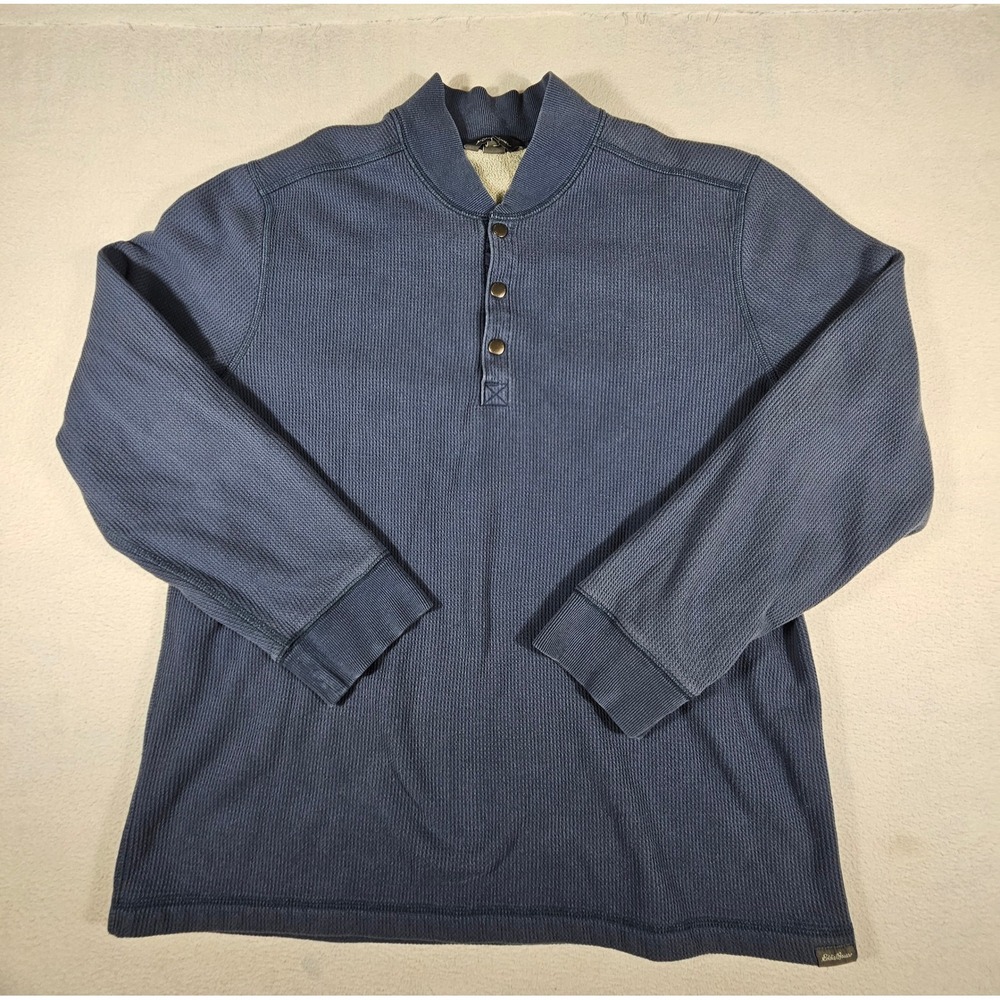 Eddie Bauer Mens Blue Waffle Knit Fleece Lined Thermal Pullover D3166077 Large